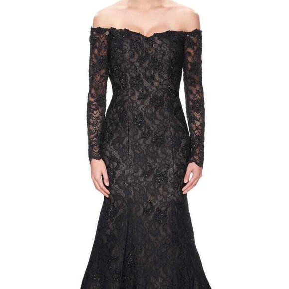 La Femme Black Off the Shoulder Long Sleeve Lace Sparkle Gown